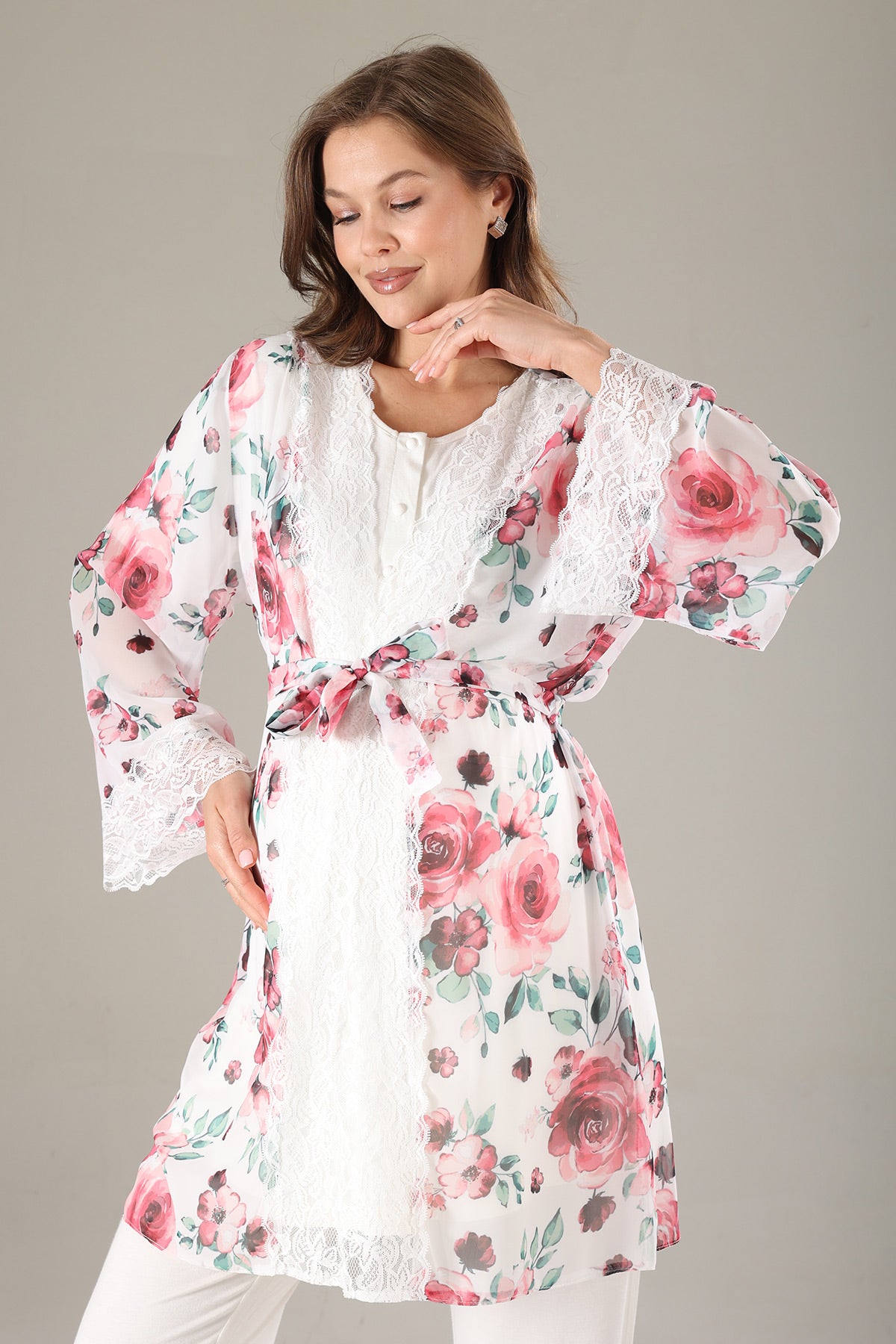Dantelli Lohusa Pijama ve Dantelli Şifon Sabahlık Takımı - 813