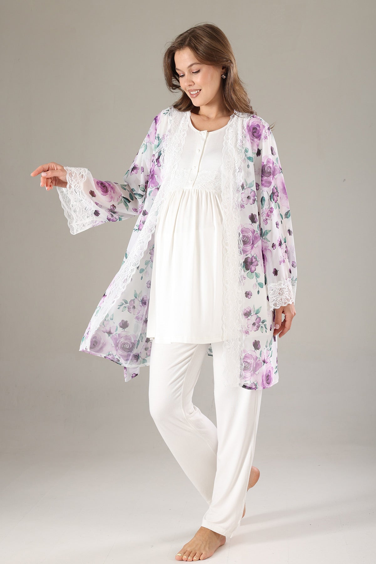 Dantelli Lohusa Pijama ve Dantelli Şifon Sabahlık Takımı - 815