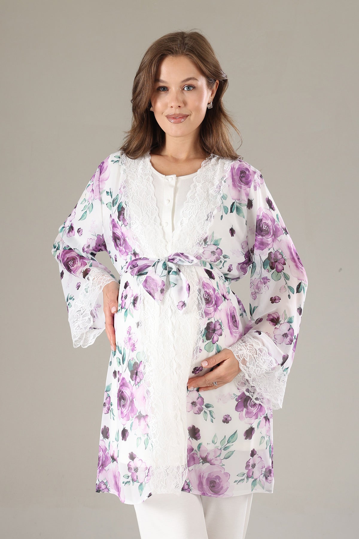 Dantelli Lohusa Pijama ve Dantelli Şifon Sabahlık Takımı - 815