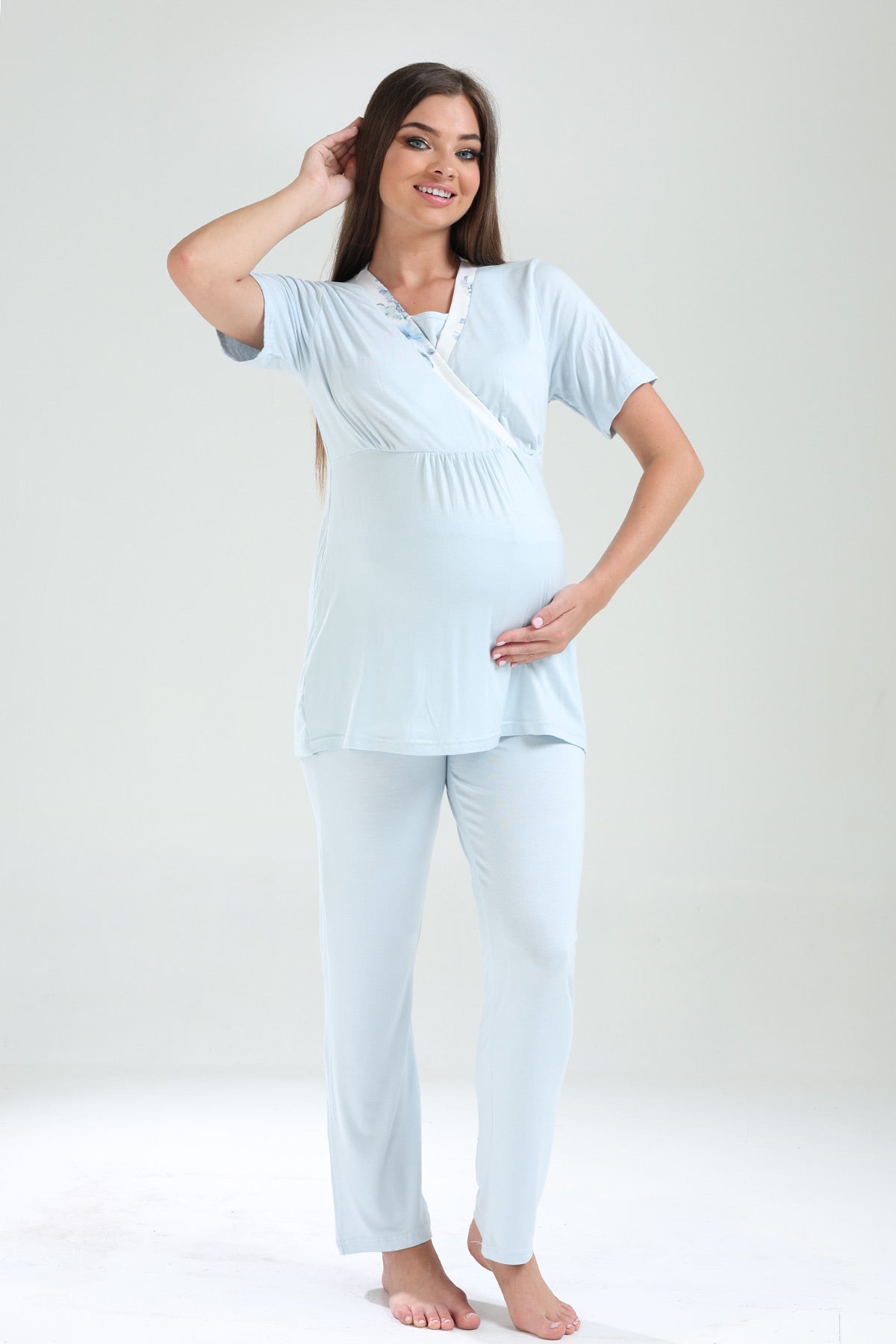 Kruvaze Lohusa Pijama ve Çiçekli Sabahlık Takımı - 821