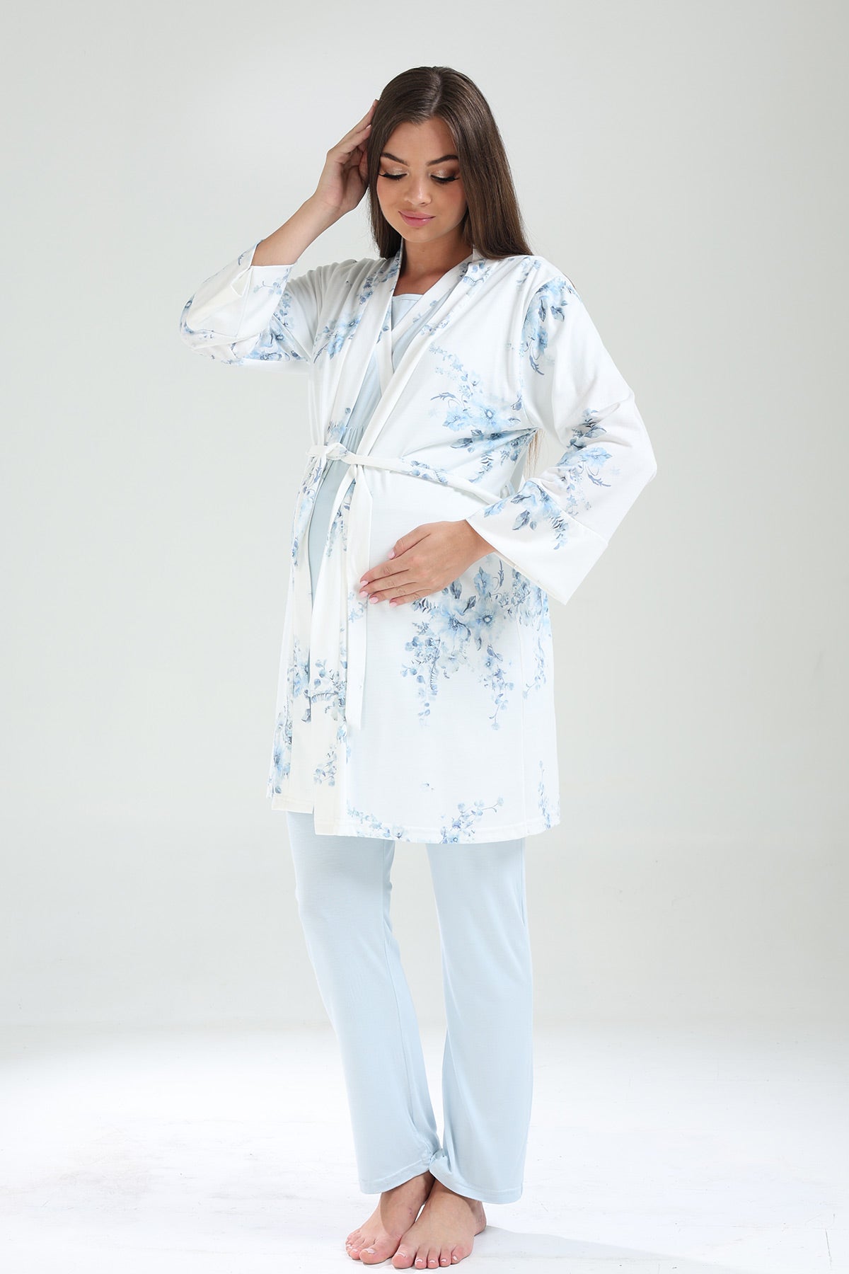 Kruvaze Lohusa Pijama ve Çiçekli Sabahlık Takımı - 821