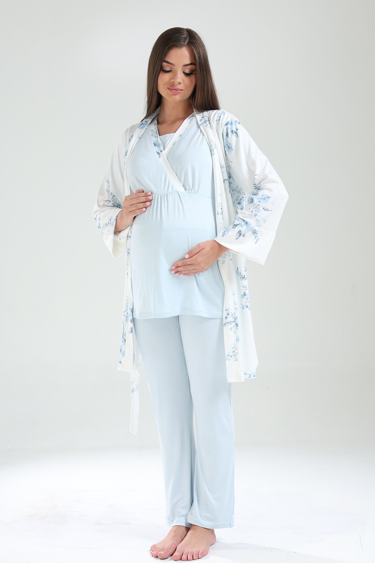 Kruvaze Lohusa Pijama ve Çiçekli Sabahlık Takımı - 821