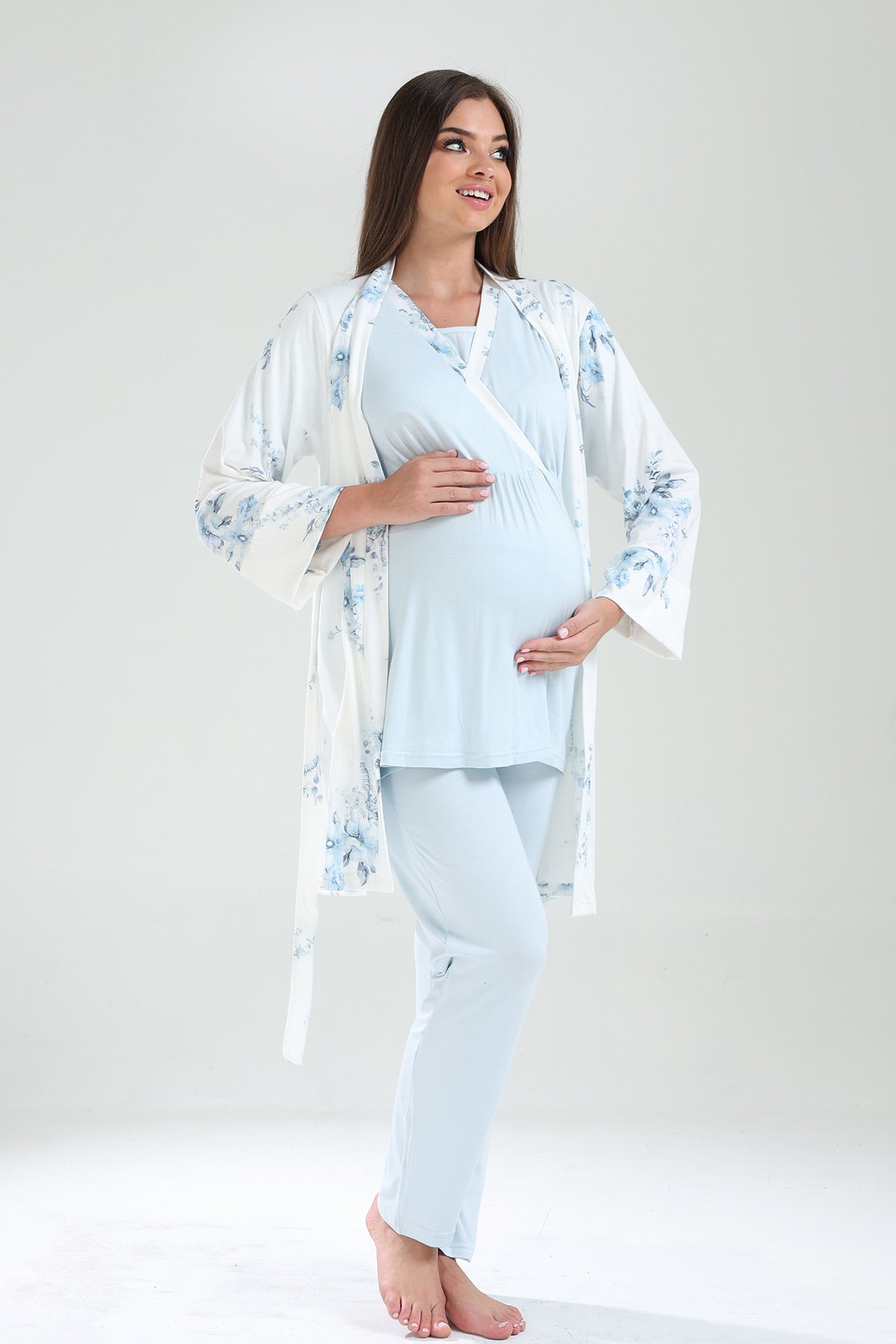 Kruvaze Lohusa Pijama ve Çiçekli Sabahlık Takımı - 821