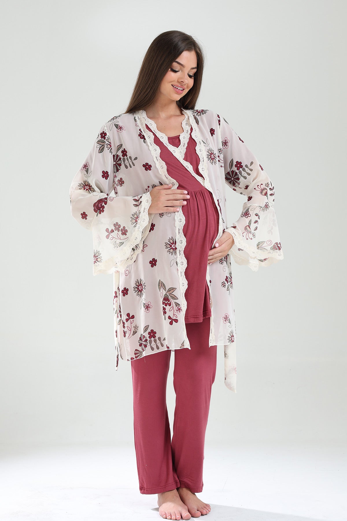 Dantelli Kruvaze Lohusa Pijama ve Dantelli Şifon Sabahlık Takımı - 824