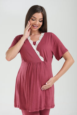 Image of Dantelli Kruvaze Lohusa Pijama ve Dantelli Şifon Sabahlık Takımı - 824