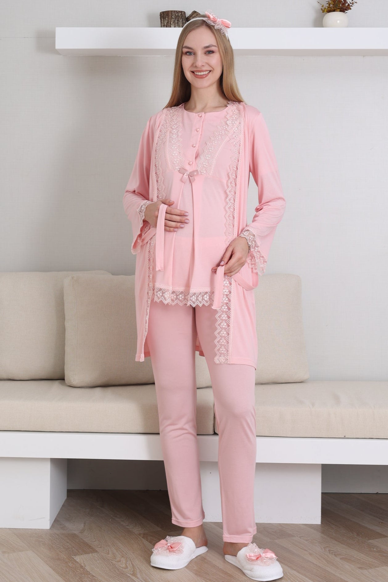 Dantel İşlemeli Lohusa Pijama ve Sabahlık Takımı - 3430