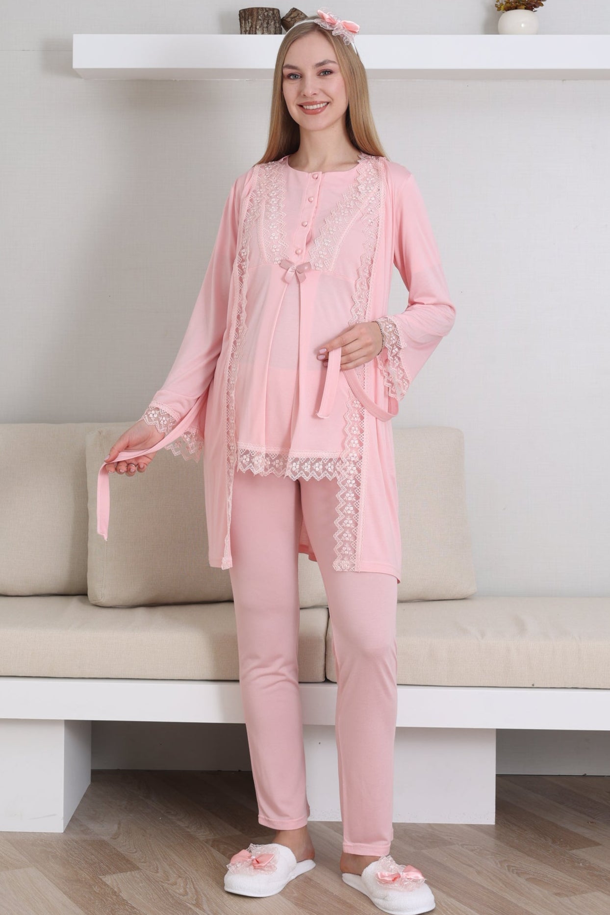 Dantel İşlemeli Lohusa Pijama ve Sabahlık Takımı - 3430