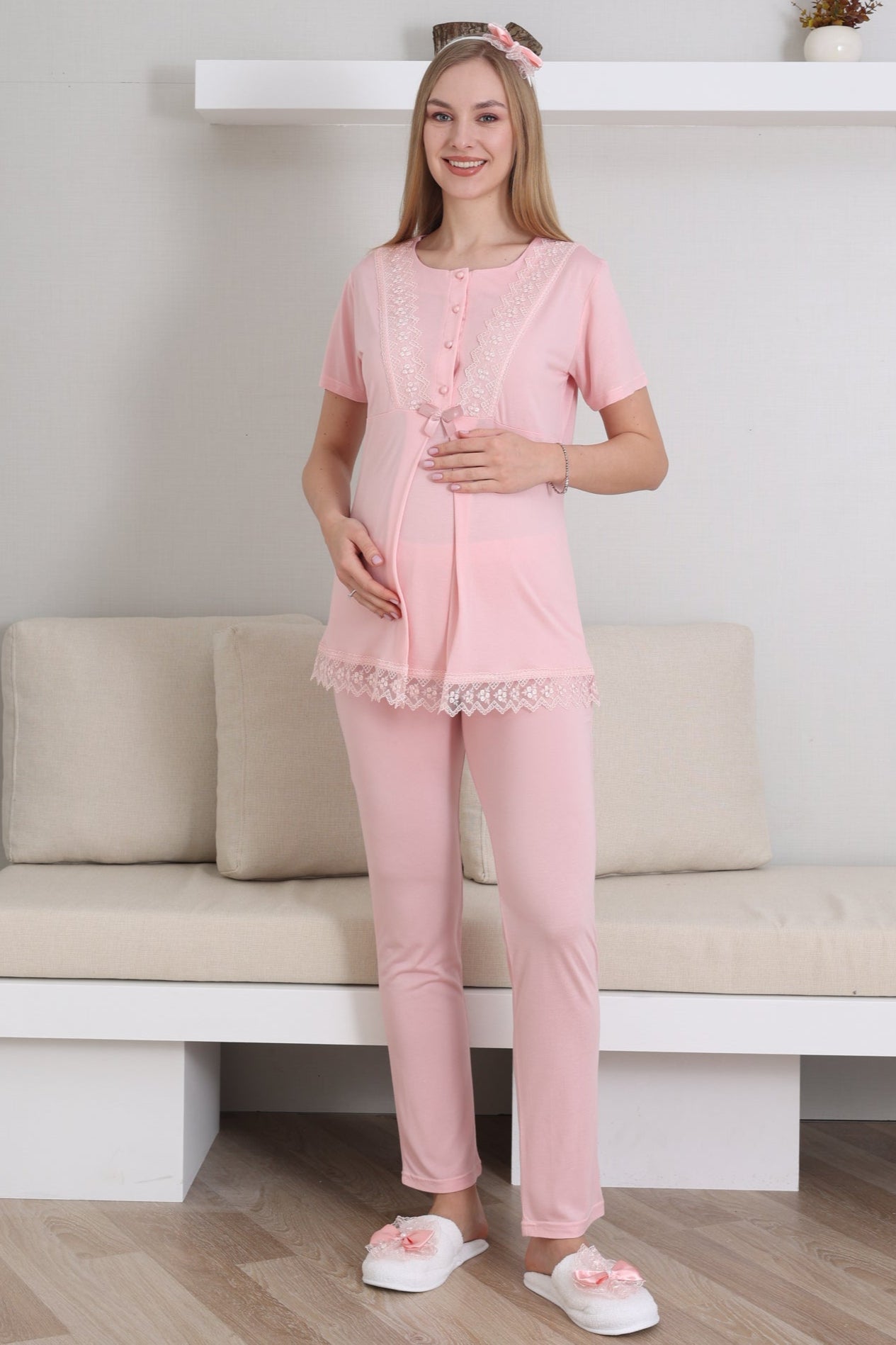 Dantel İşlemeli Lohusa Pijama ve Sabahlık Takımı - 3430