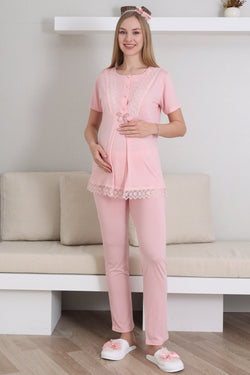 Image of Dantel İşlemeli Lohusa Pijama ve Sabahlık Takımı - 3430