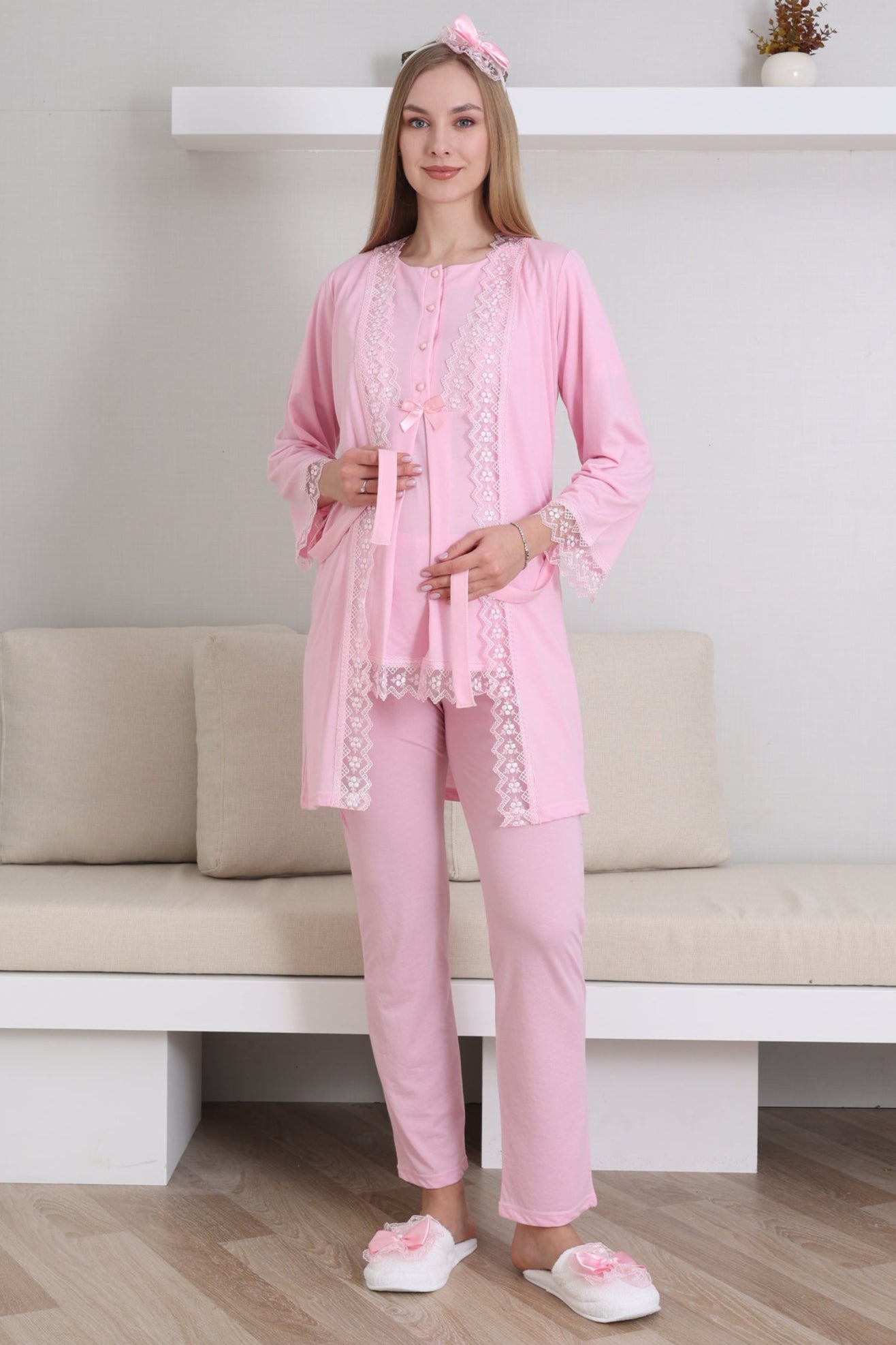 Dantel İşlemeli Lohusa Pijama ve Sabahlık Takımı - 3430