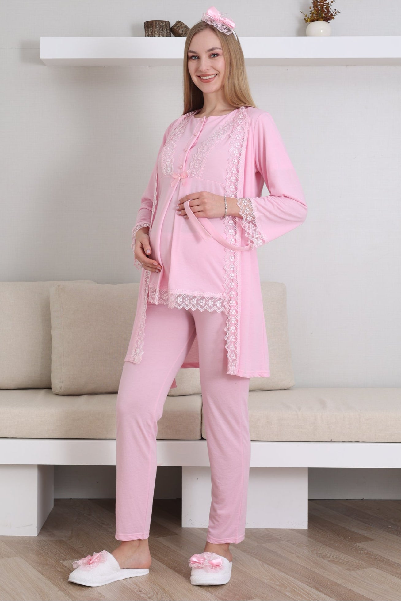 Dantel İşlemeli Lohusa Pijama ve Sabahlık Takımı - 3430