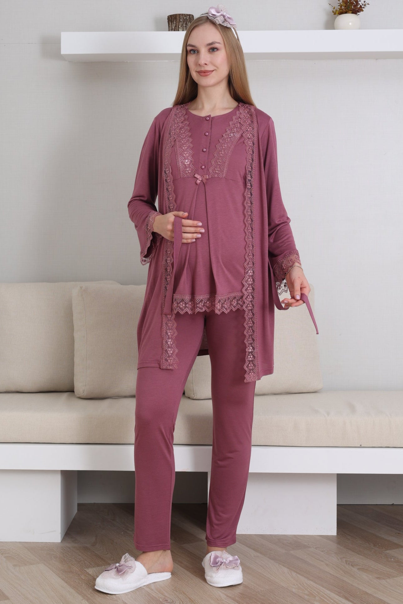 Dantel İşlemeli Lohusa Pijama ve Sabahlık Takımı - 3430