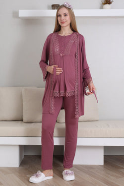 Image of Dantel İşlemeli Lohusa Pijama ve Sabahlık Takımı - 3430