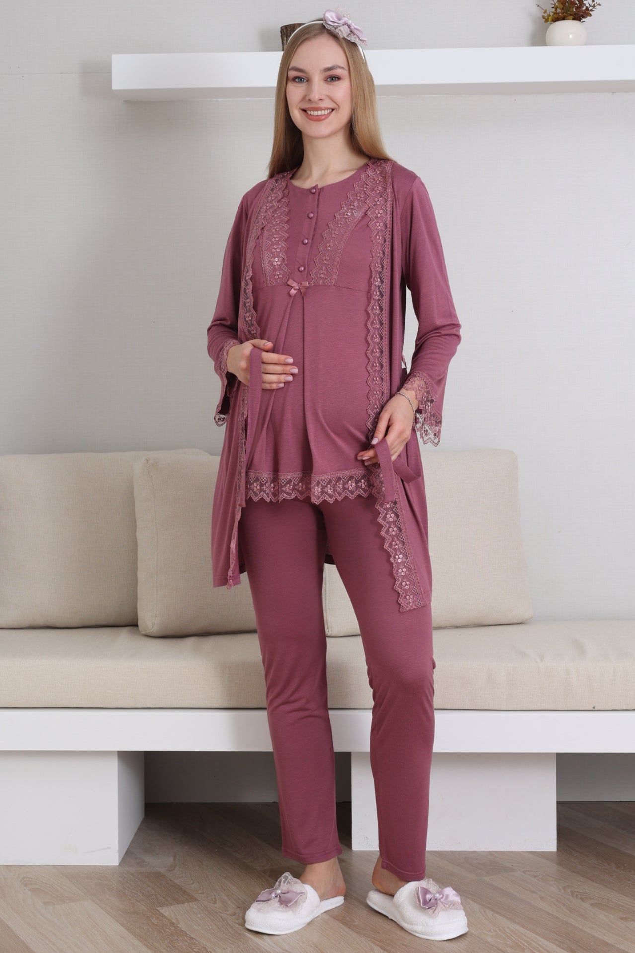 Dantel İşlemeli Lohusa Pijama ve Sabahlık Takımı - 3430