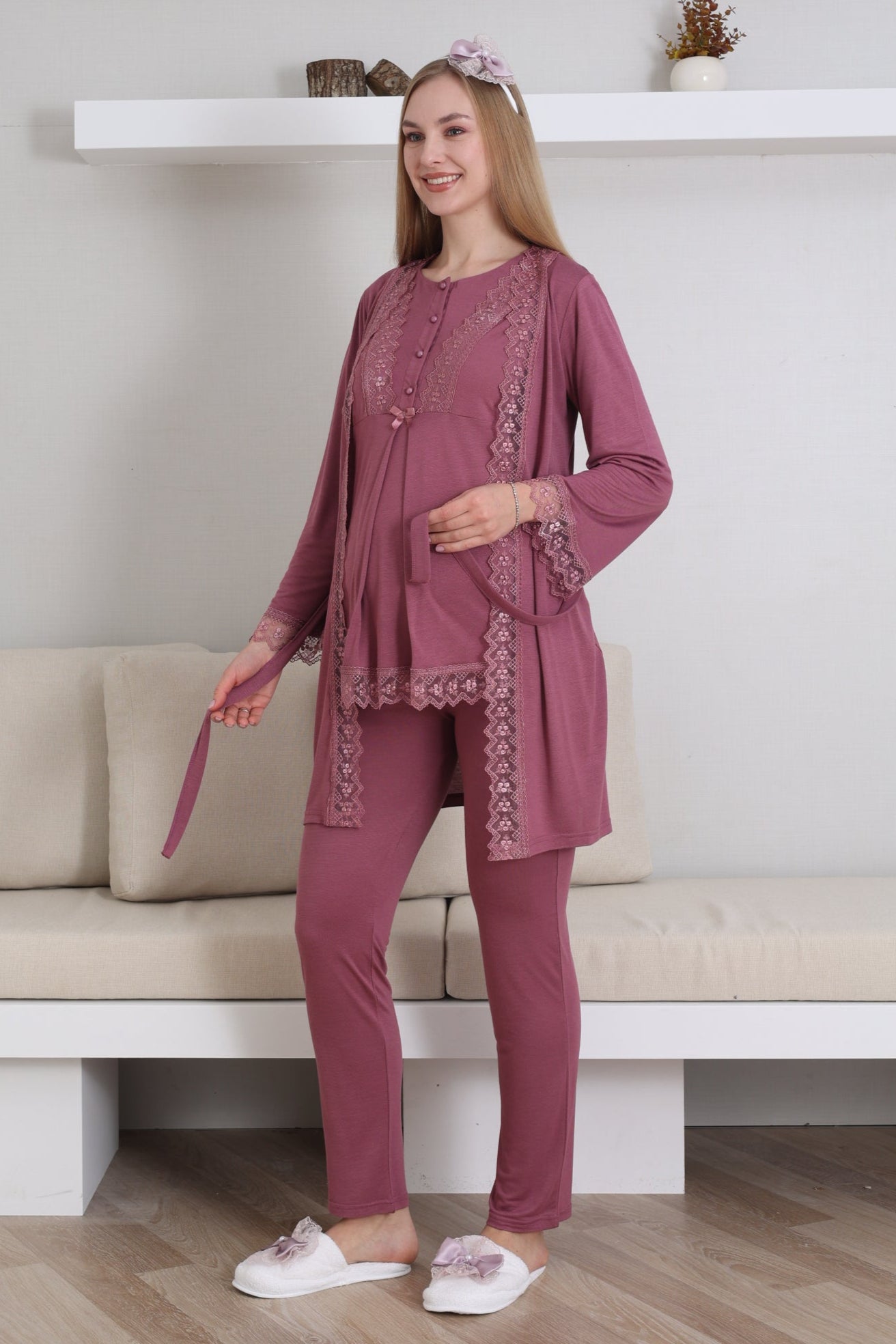 Dantel İşlemeli Lohusa Pijama ve Sabahlık Takımı - 3430