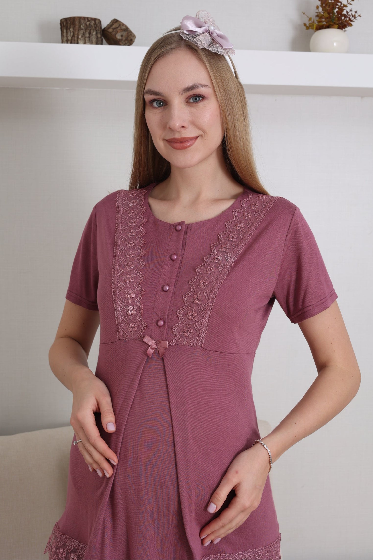 Dantel İşlemeli Lohusa Pijama ve Sabahlık Takımı - 3430