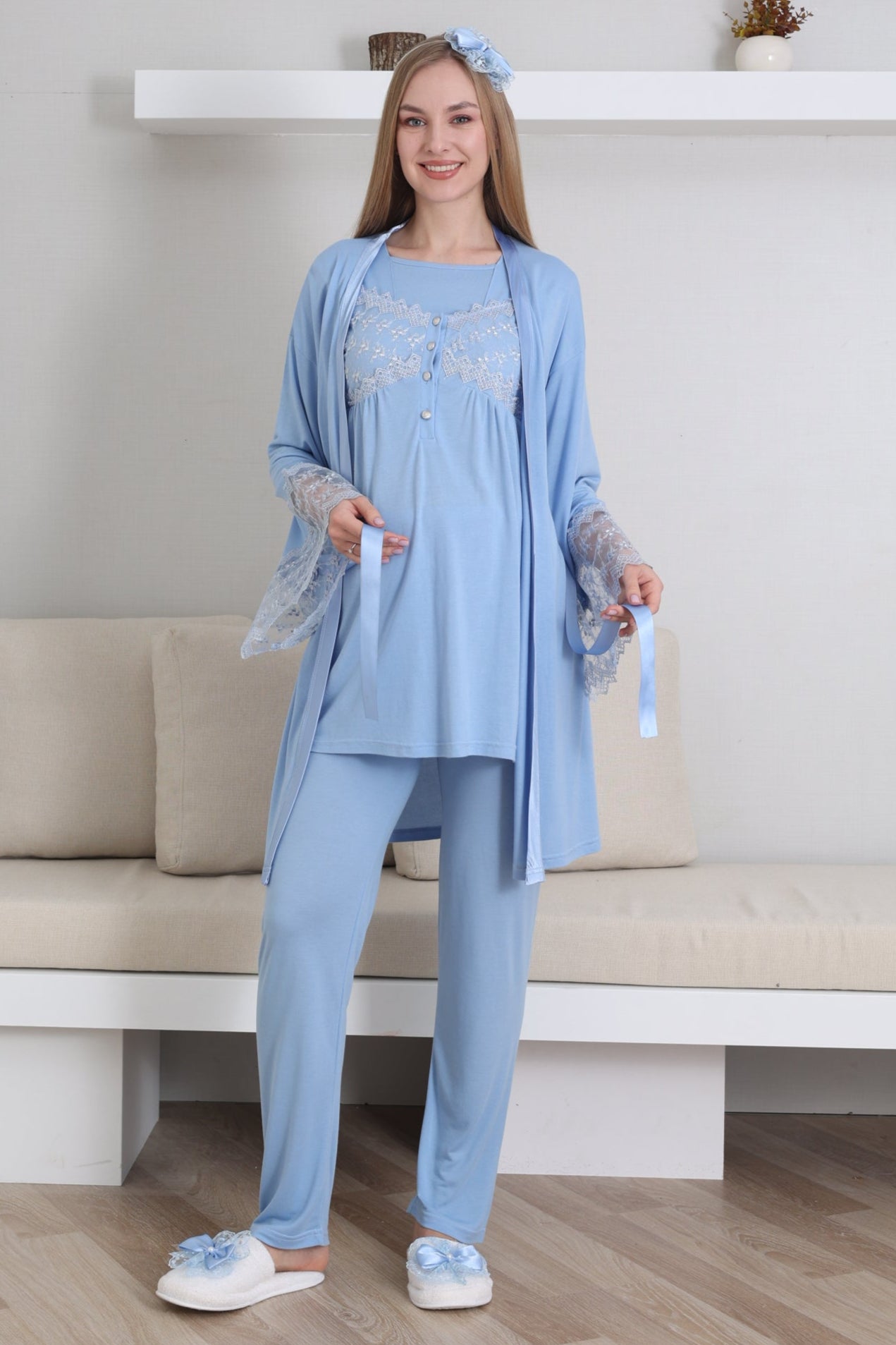 Dantelli Yaka Lohusa Pijama ve Dantelli Volan Kol Sabahlık Takımı - 3431