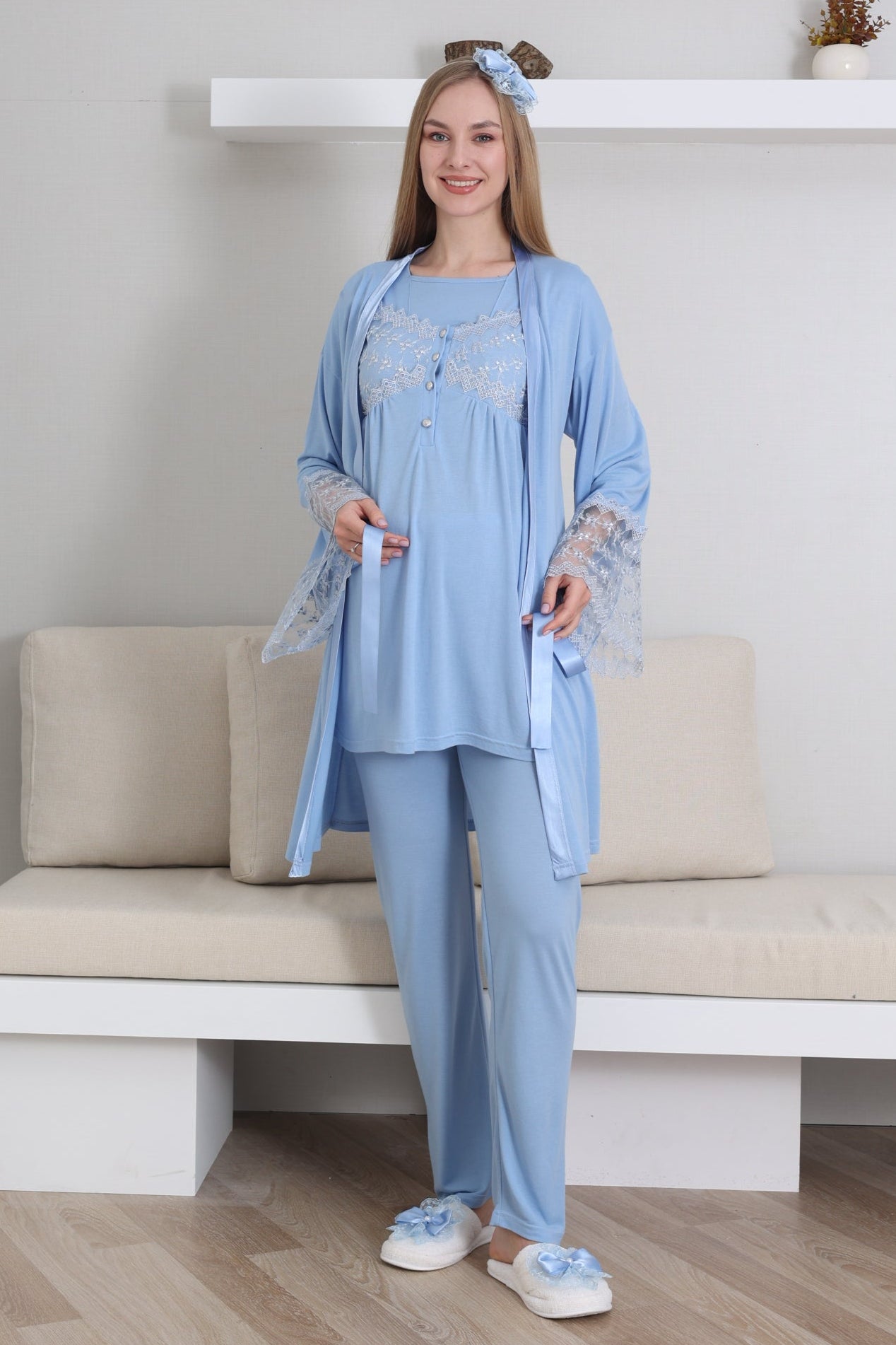 Dantelli Yaka Lohusa Pijama ve Dantelli Volan Kol Sabahlık Takımı - 3431