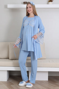 Image of Dantelli Yaka Lohusa Pijama ve Dantelli Volan Kol Sabahlık Takımı - 3431