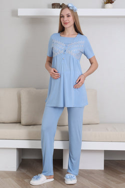 Image of Dantelli Yaka Lohusa Pijama ve Dantelli Volan Kol Sabahlık Takımı - 3431
