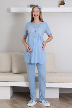 Image of Dantelli Yaka Lohusa Pijama ve Dantelli Volan Kol Sabahlık Takımı - 3431