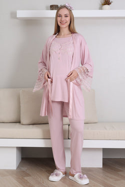 Image of Dantelli Yaka Lohusa Pijama ve Dantelli Volan Kol Sabahlık Takımı - 3431