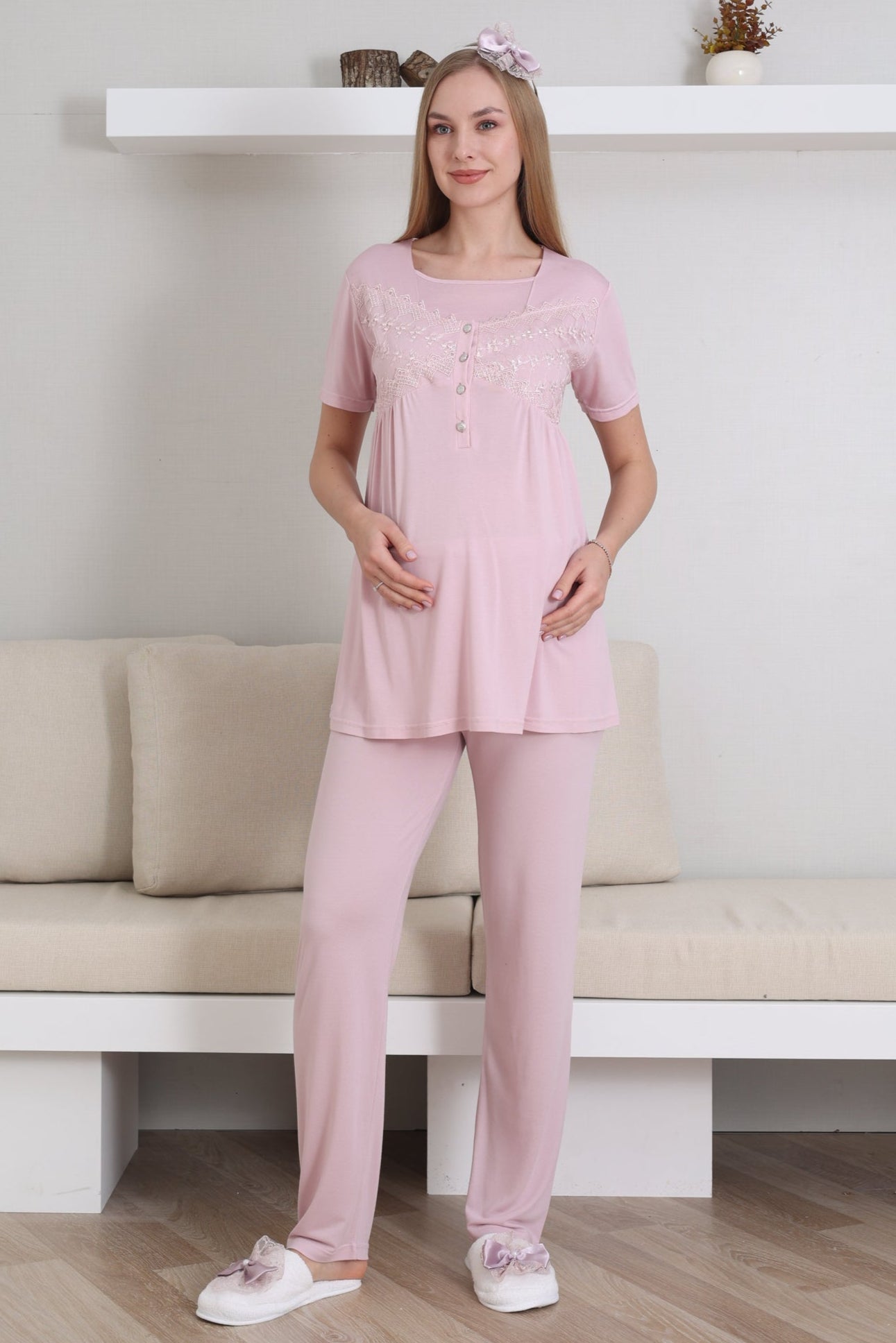 Dantelli Yaka Lohusa Pijama ve Dantelli Volan Kol Sabahlık Takımı - 3431