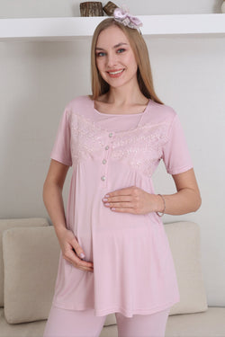 Image of Dantelli Yaka Lohusa Pijama ve Dantelli Volan Kol Sabahlık Takımı - 3431