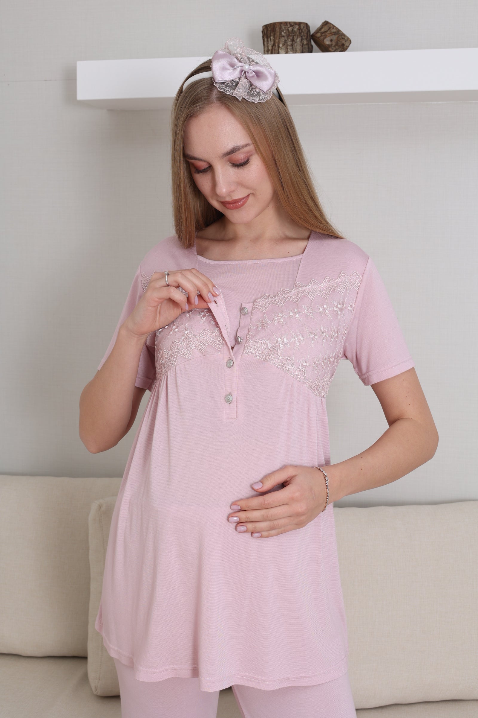 Dantelli Yaka Lohusa Pijama ve Dantelli Volan Kol Sabahlık Takımı - 3431