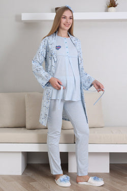 Image of Kalp Bebek Baskılı Lohusa Pijama ve Desenli Sabahlık Takımı - 3432