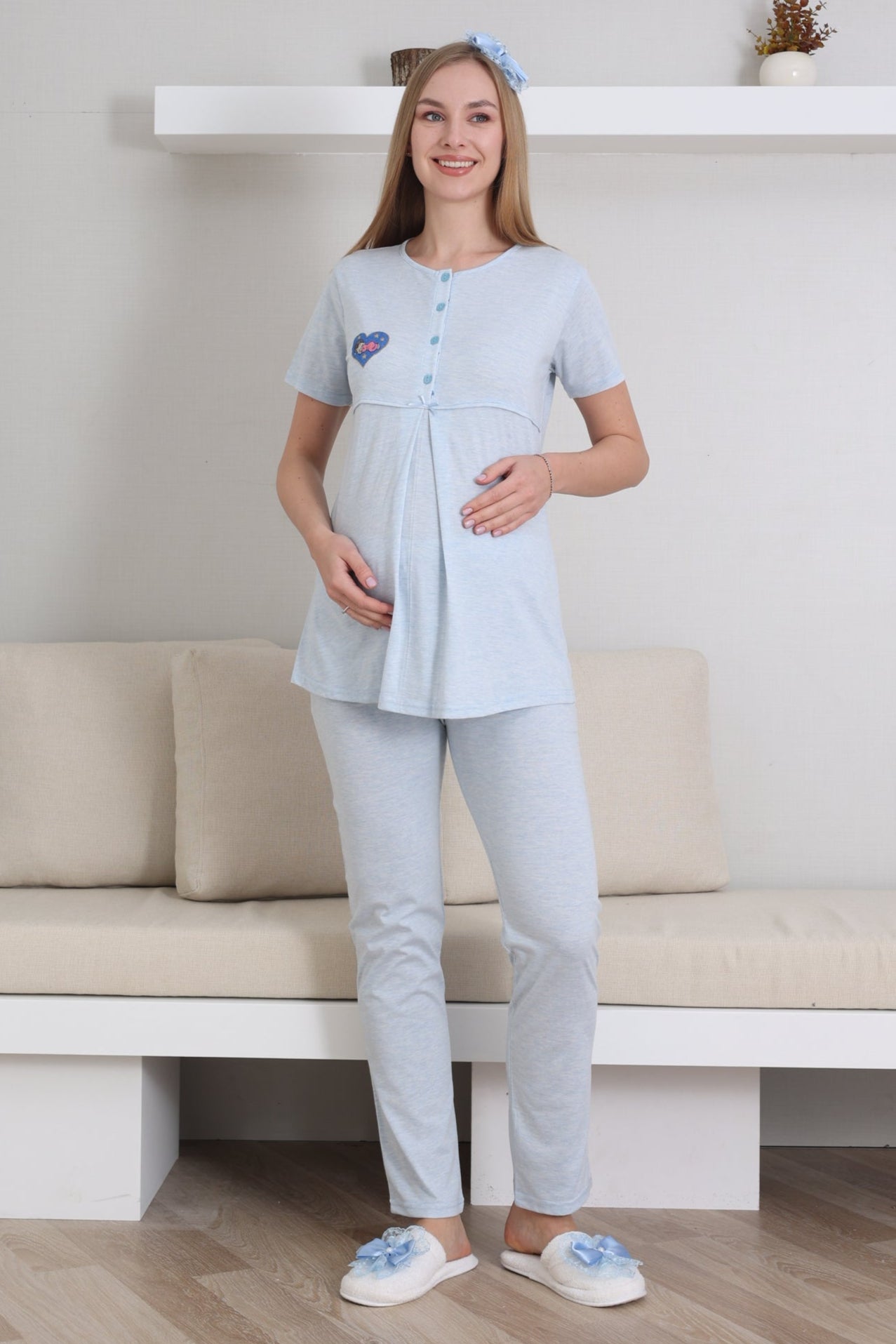 Kalp Bebek Baskılı Lohusa Pijama ve Desenli Sabahlık Takımı - 3432
