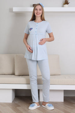 Image of Kalp Bebek Baskılı Lohusa Pijama ve Desenli Sabahlık Takımı - 3432