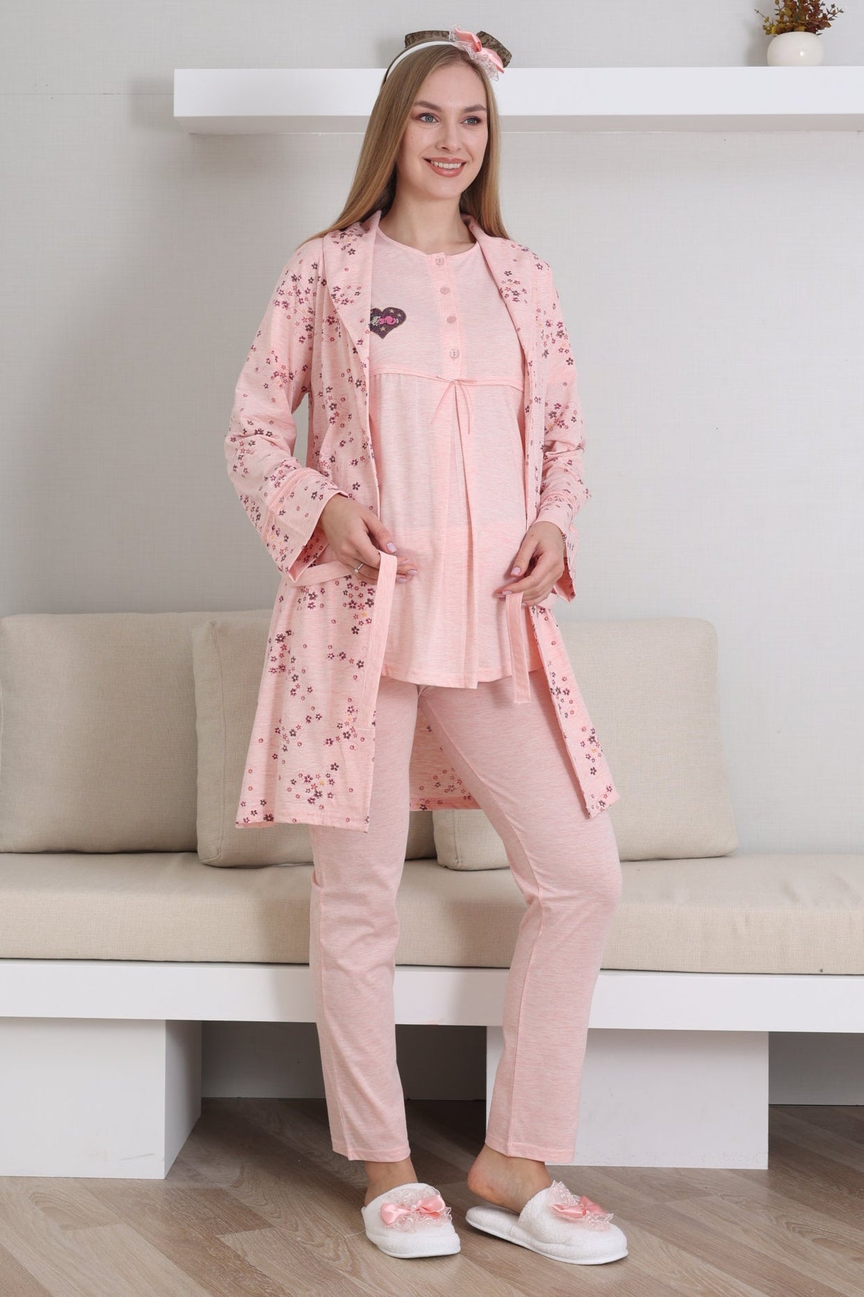 Kalp Bebek Baskılı Lohusa Pijama ve Desenli Sabahlık Takımı - 3432