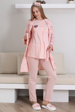 Image of Kalp Bebek Baskılı Lohusa Pijama ve Desenli Sabahlık Takımı - 3432