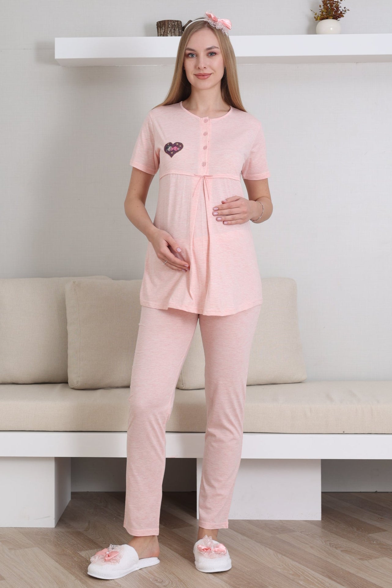 Kalp Bebek Baskılı Lohusa Pijama ve Desenli Sabahlık Takımı - 3432