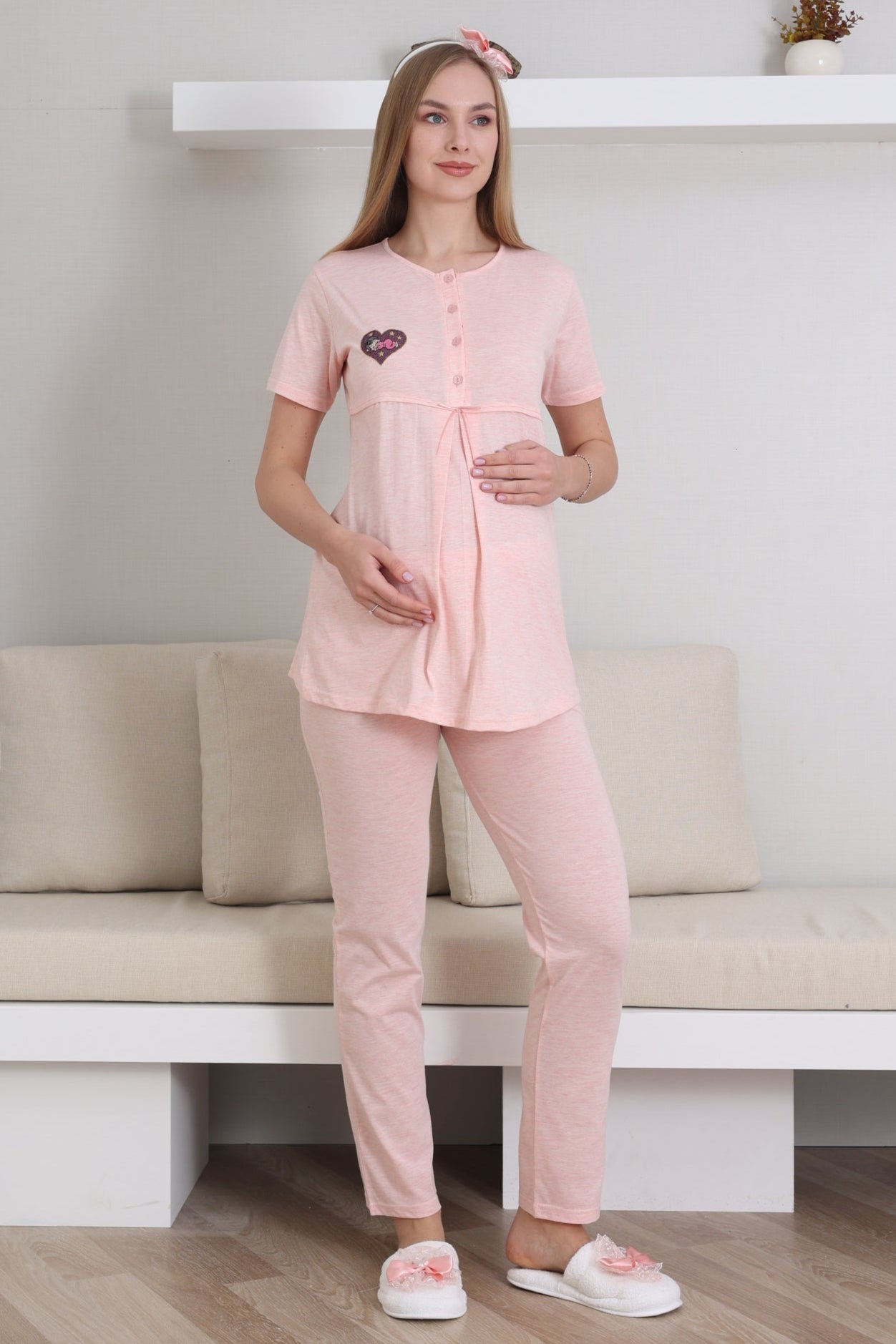 Kalp Bebek Baskılı Lohusa Pijama ve Desenli Sabahlık Takımı - 3432