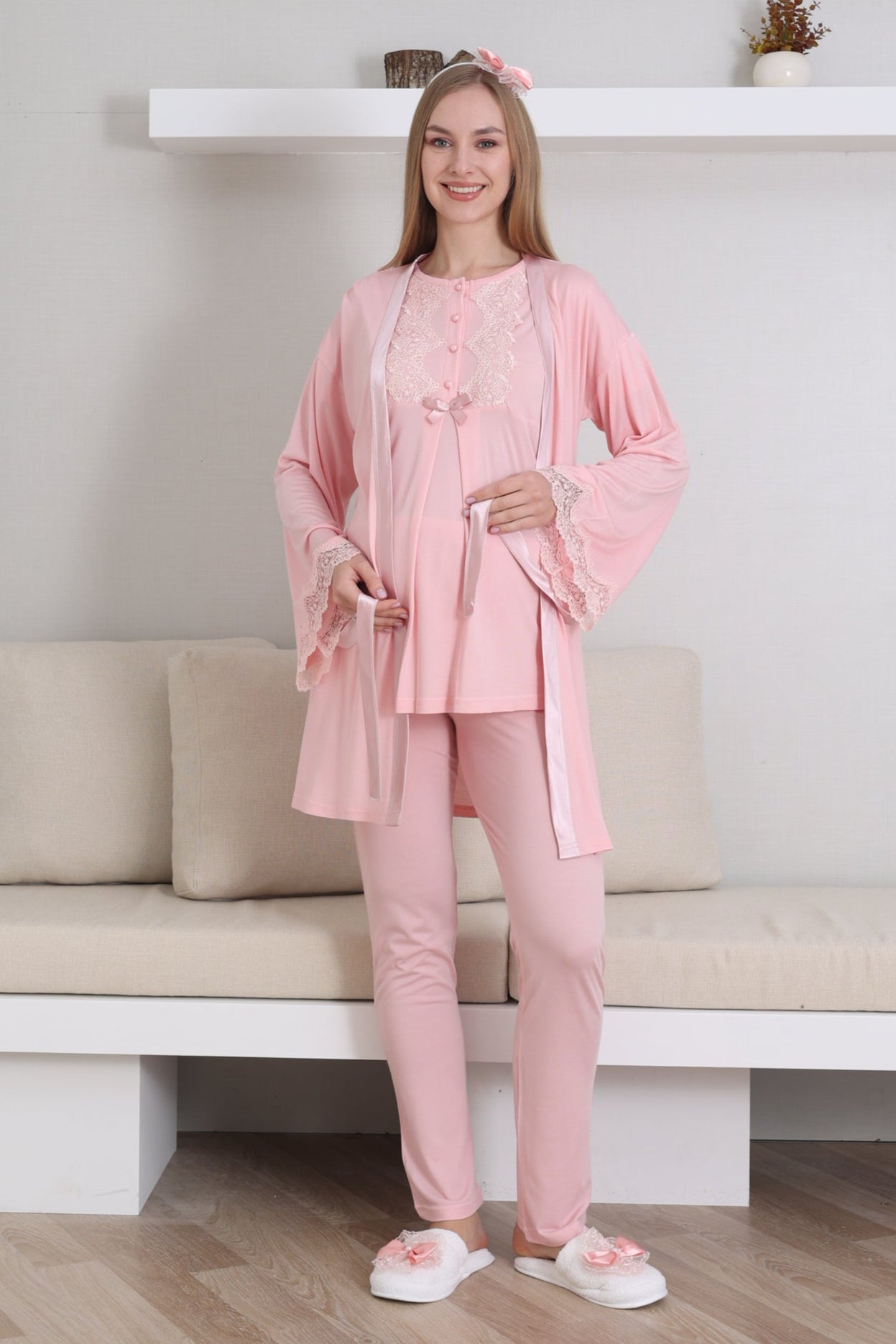 Güpürlü Yaka Lohusa Pijama ve Sabahlık Takımı - 3433