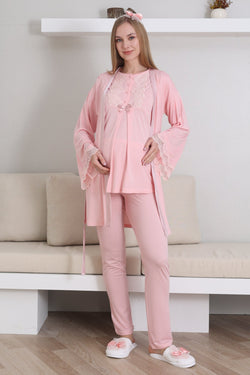 Image of Güpürlü Yaka Lohusa Pijama ve Sabahlık Takımı - 3433
