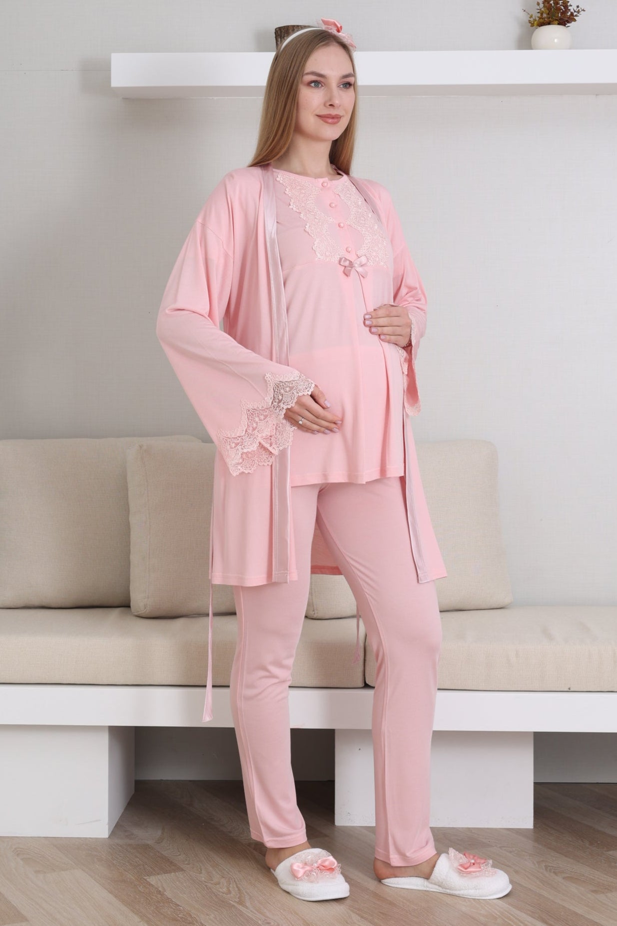 Güpürlü Yaka Lohusa Pijama ve Sabahlık Takımı - 3433