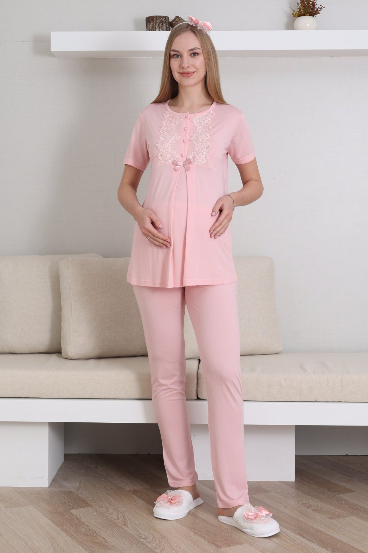 Güpürlü Yaka Lohusa Pijama ve Sabahlık Takımı - 3433
