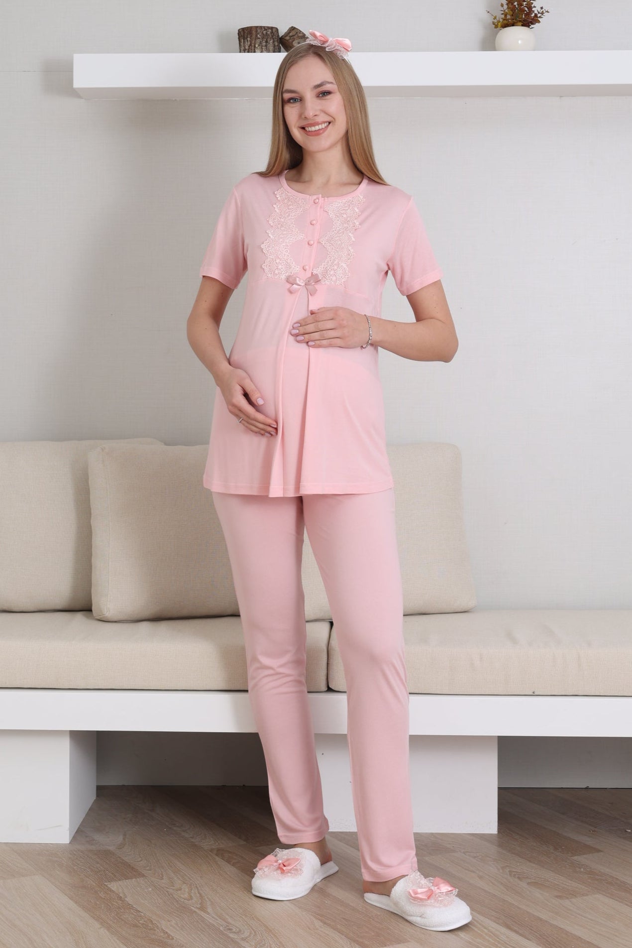 Güpürlü Yaka Lohusa Pijama ve Sabahlık Takımı - 3433