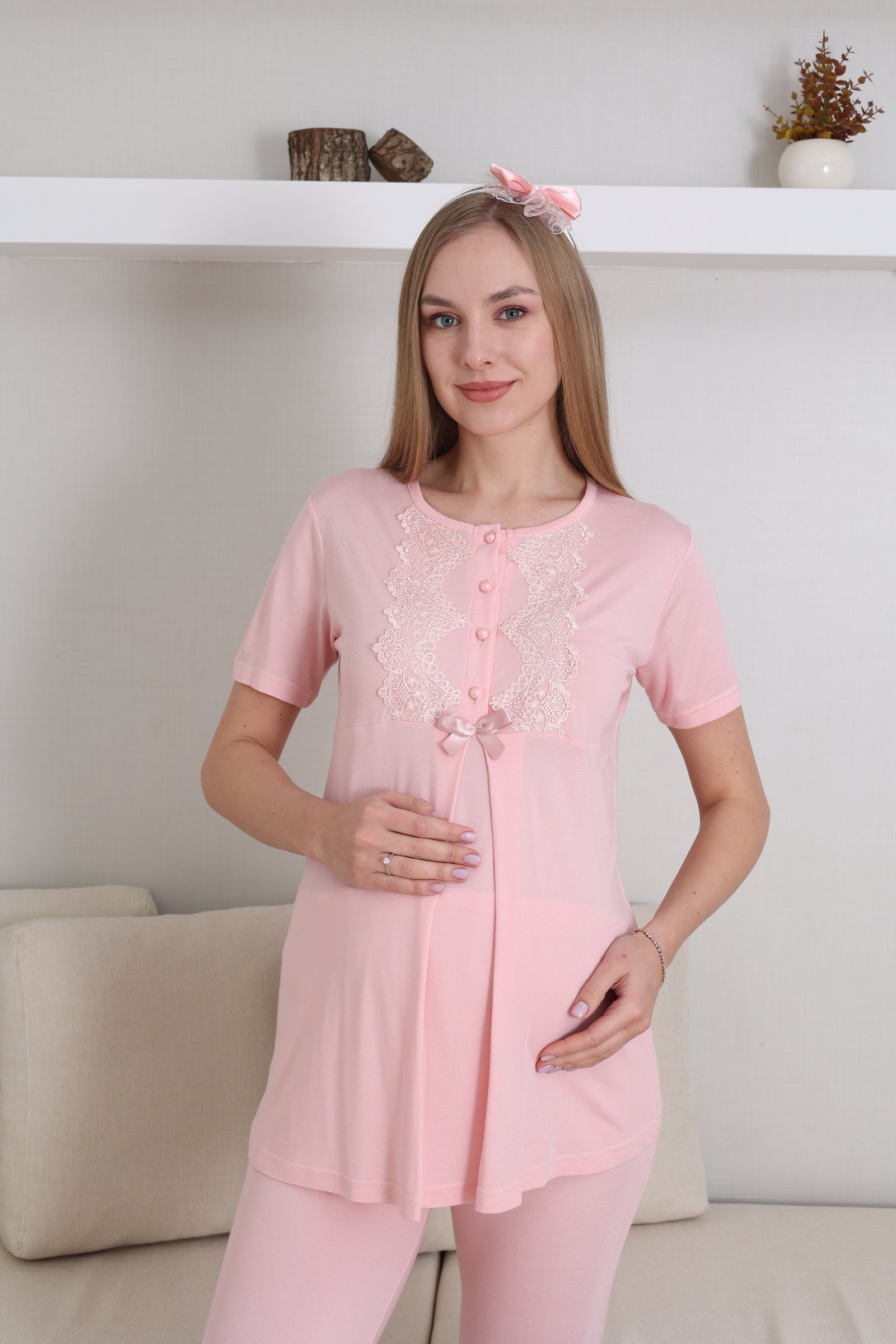 Güpürlü Yaka Lohusa Pijama ve Sabahlık Takımı - 3433