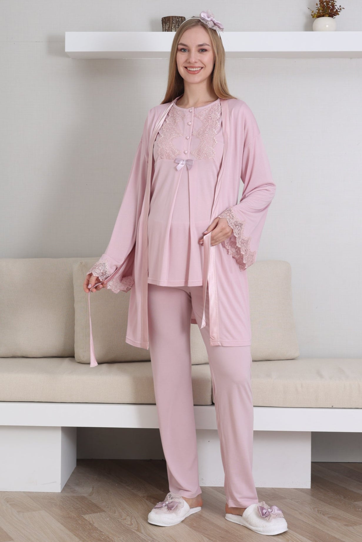 Güpürlü Yaka Lohusa Pijama ve Sabahlık Takımı - 3433