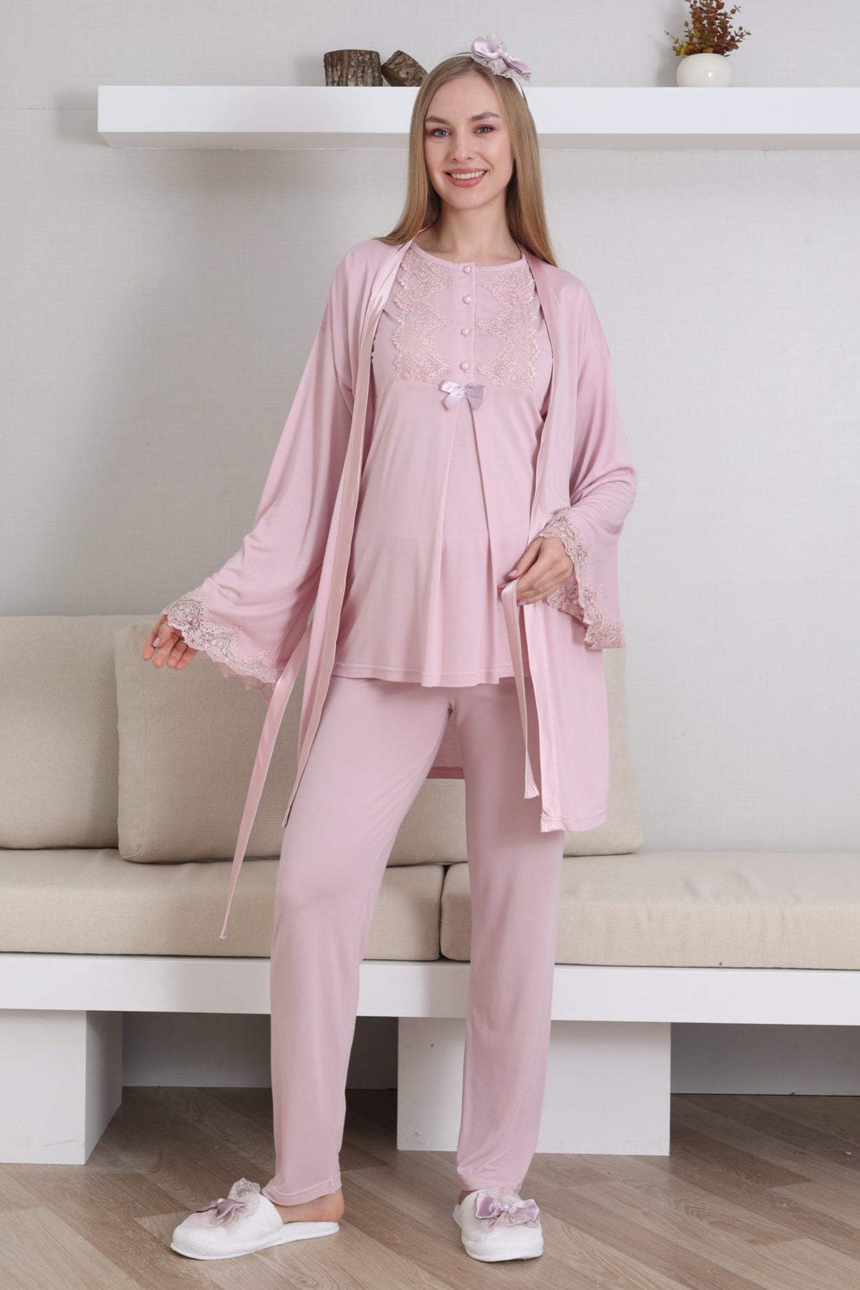 Güpürlü Yaka Lohusa Pijama ve Sabahlık Takımı - 3433