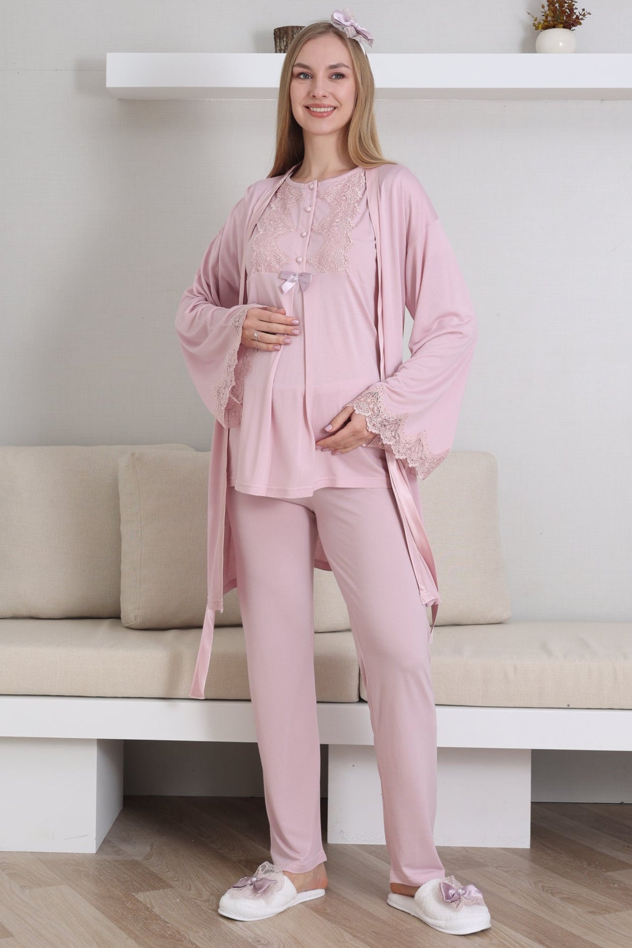 Güpürlü Yaka Lohusa Pijama ve Sabahlık Takımı - 3433
