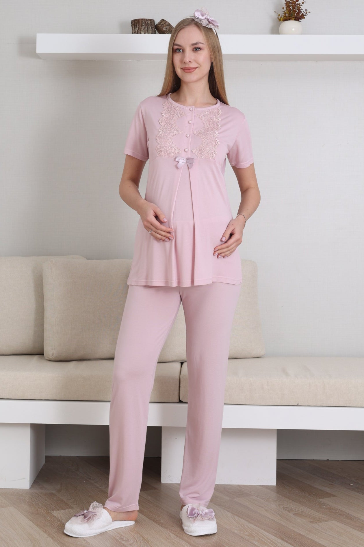 Güpürlü Yaka Lohusa Pijama ve Sabahlık Takımı - 3433