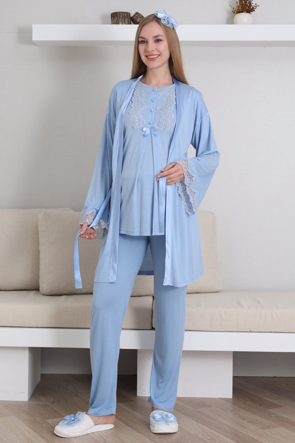 Güpürlü Yaka Lohusa Pijama ve Sabahlık Takımı - 3433