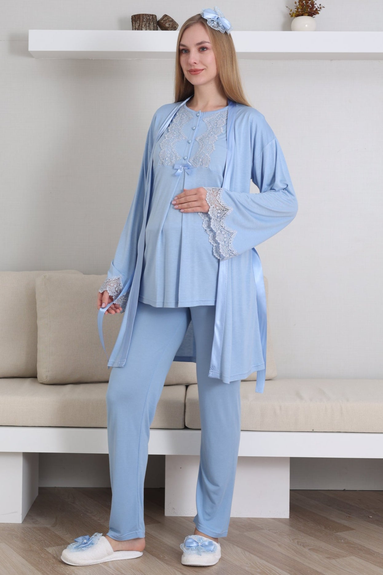 Güpürlü Yaka Lohusa Pijama ve Sabahlık Takımı - 3433