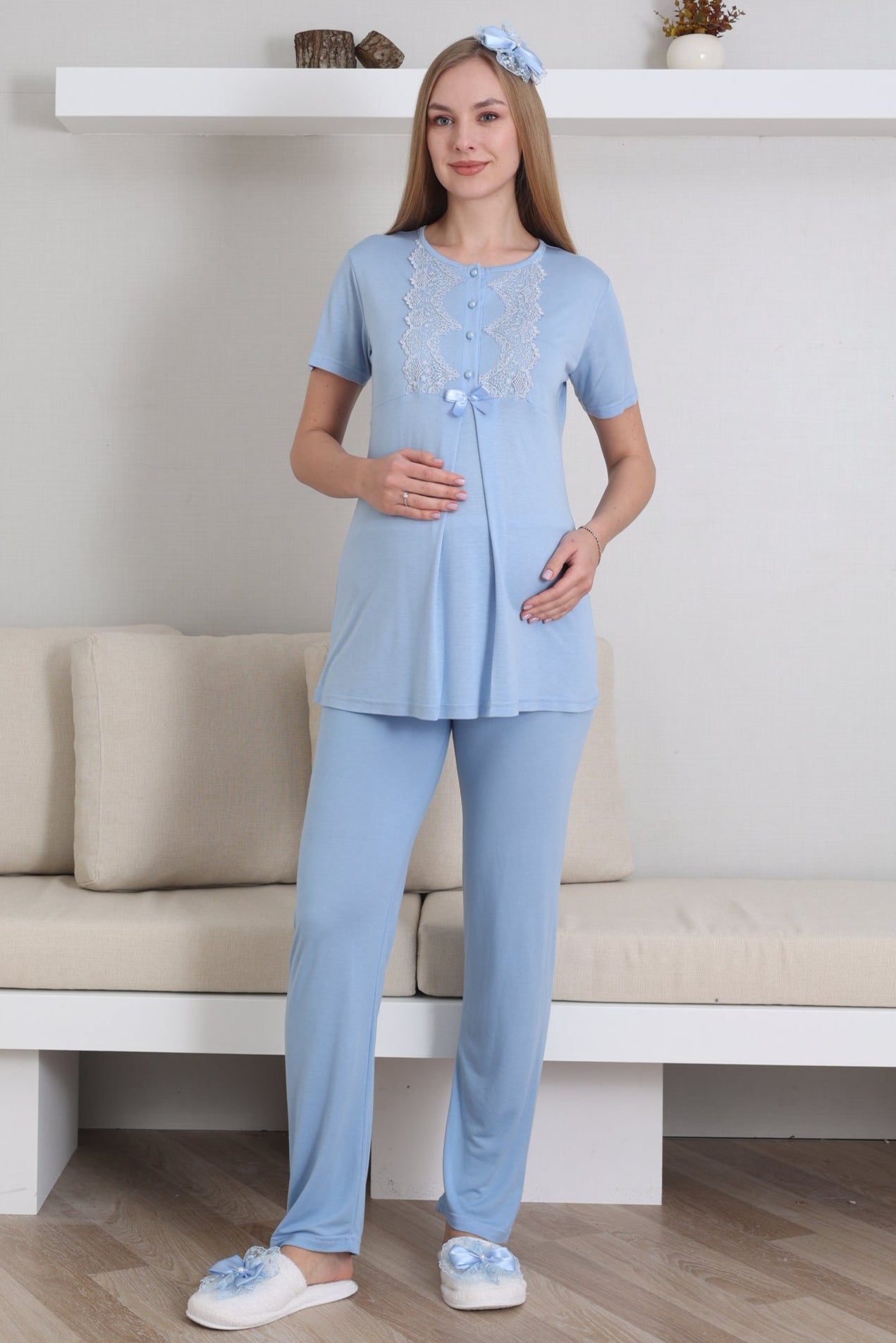 Güpürlü Yaka Lohusa Pijama ve Sabahlık Takımı - 3433