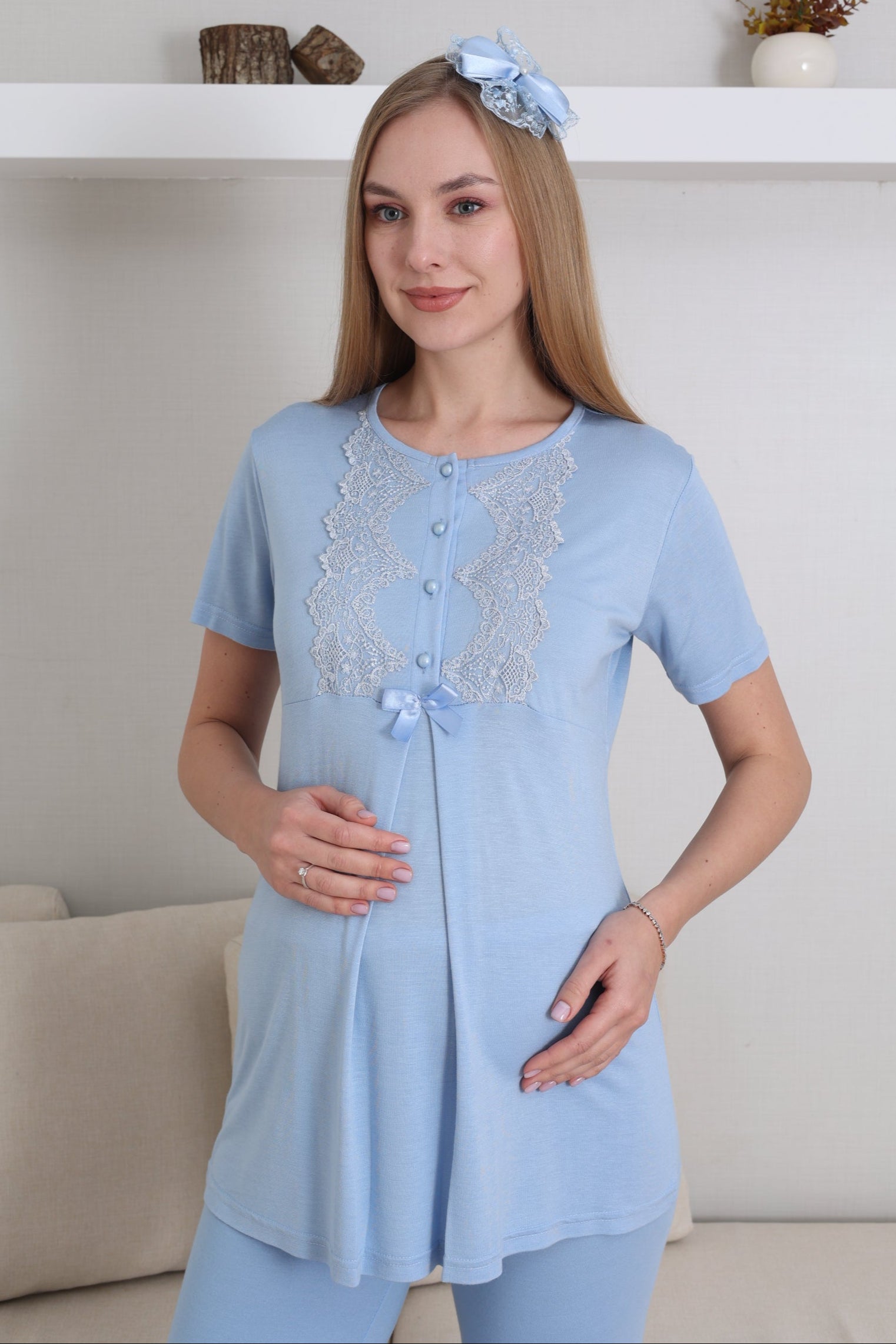 Güpürlü Yaka Lohusa Pijama ve Sabahlık Takımı - 3433